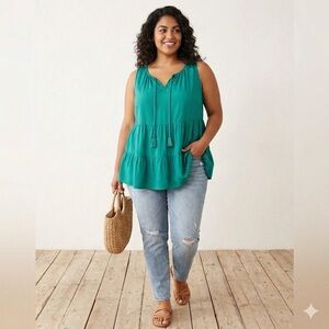 Evri Green Tiered Blouse Womens 1X Sleeveless Boho Tassel Rayon Flowy Top